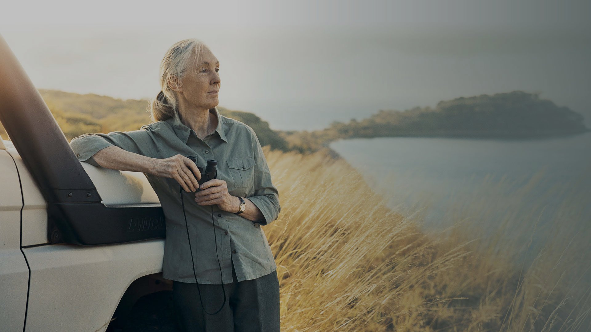 Dr Jane Goodall on location overlooking the coastline