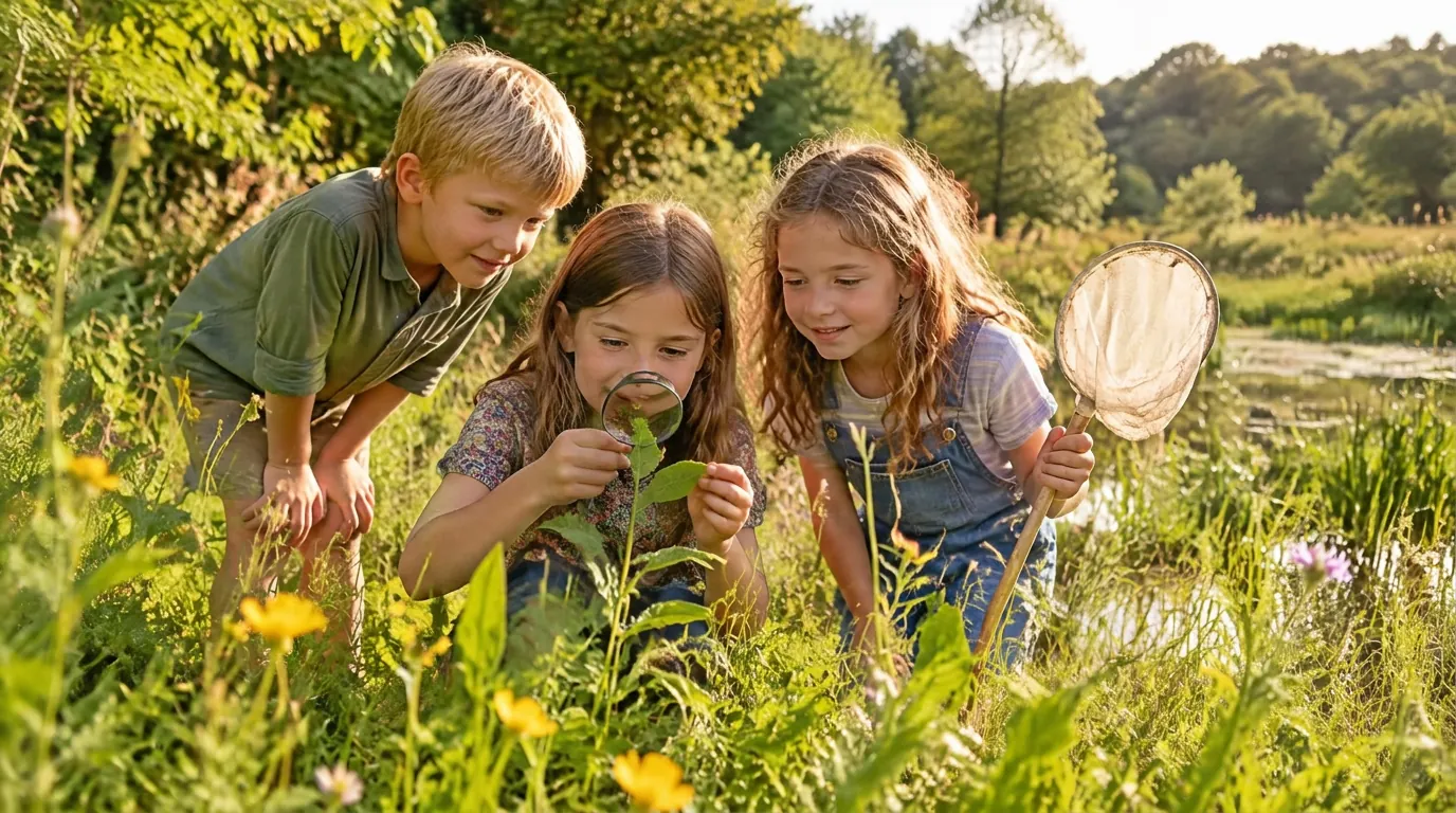 Children exploring a sunlit meadow with a magnifying glass